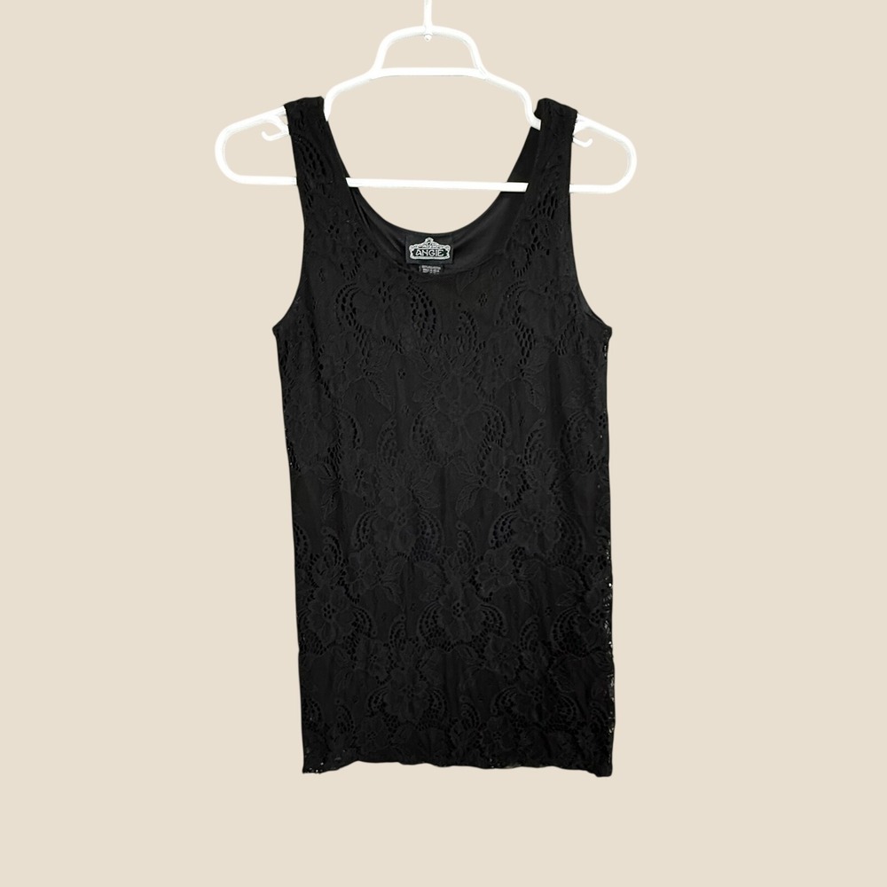 Angie Women's M Black Floral Lace Sleeveless Mini Dress Lined Scoop Neck